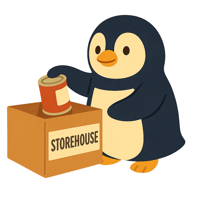 Cartoon penguin placing a canned good into a Storehouse donation box at The Bugg Lights food drive.