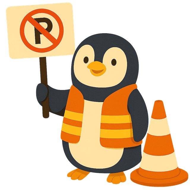 Cartoon penguin in an orange safety vest holding a No Parking sign and traffic cone at The Bugg Lights display.