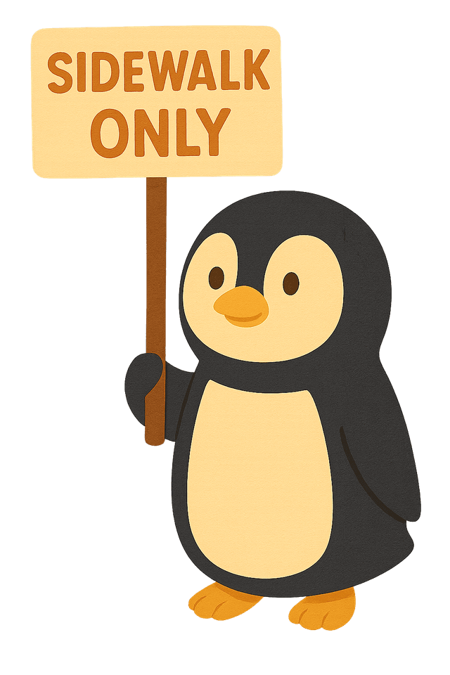 Cartoon penguin directing guests with a 'Sidewalk Only' sign at The Bugg Lights Christmas display.